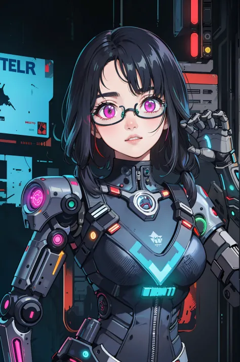 anupama, 1girl, close-up, intricate details, (cyberpunk:1.4), mechanical arms, eyeglasses, messy hair, (glowing neon armor:1.2),...