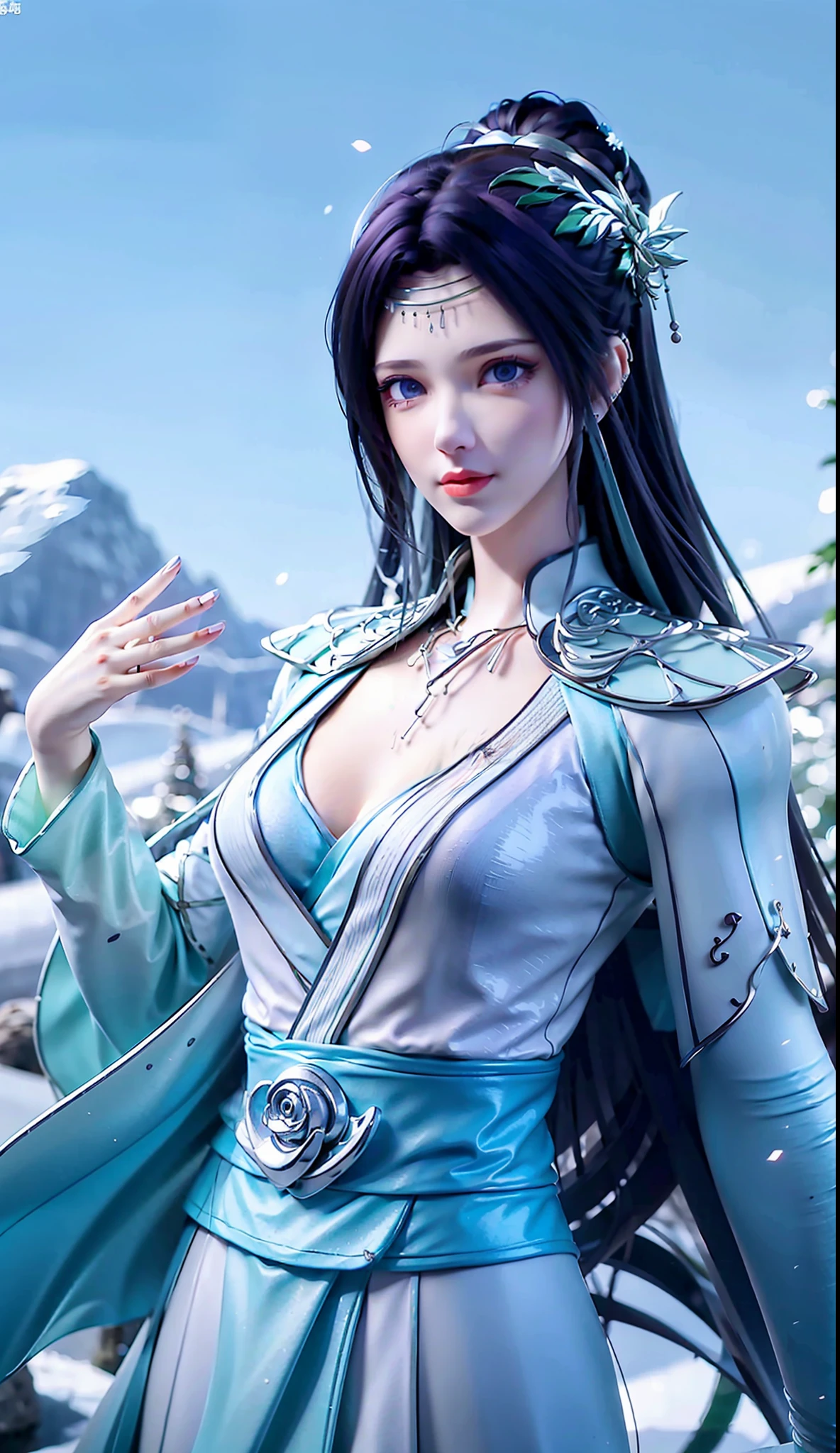 best qualtiy，tmasterpiece，Extremely Delicately Beautiful，The is very detailed，CG，unified，8k wallpaper，Beautiful Meticulous Girl，（very vey very detailed face），beatiful detailed eyes，
1girll，独奏，blur backgroun，（waist apron：1.3），Master shots，cultivating immortals，snowy mountain background，There is a Christmas tree