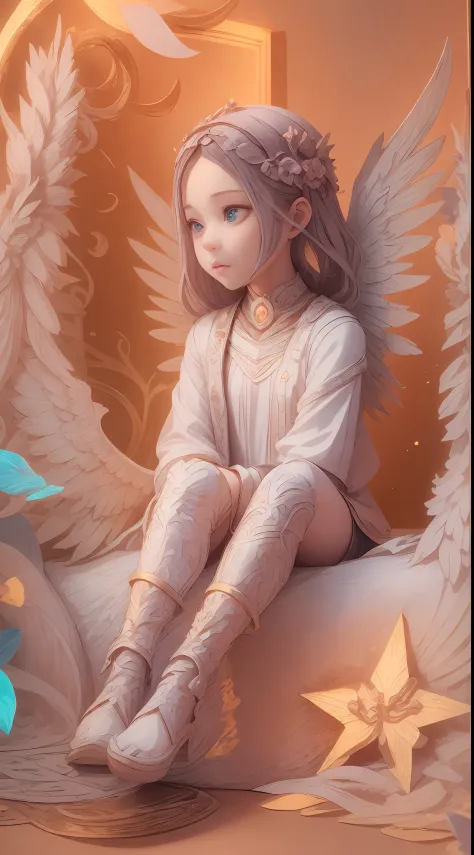 illustration: 1.3), paper art, 3D rendering of, Colorful background, （cute female child: 1.3), (Masterpiece Angel: 1.2) ), Color...