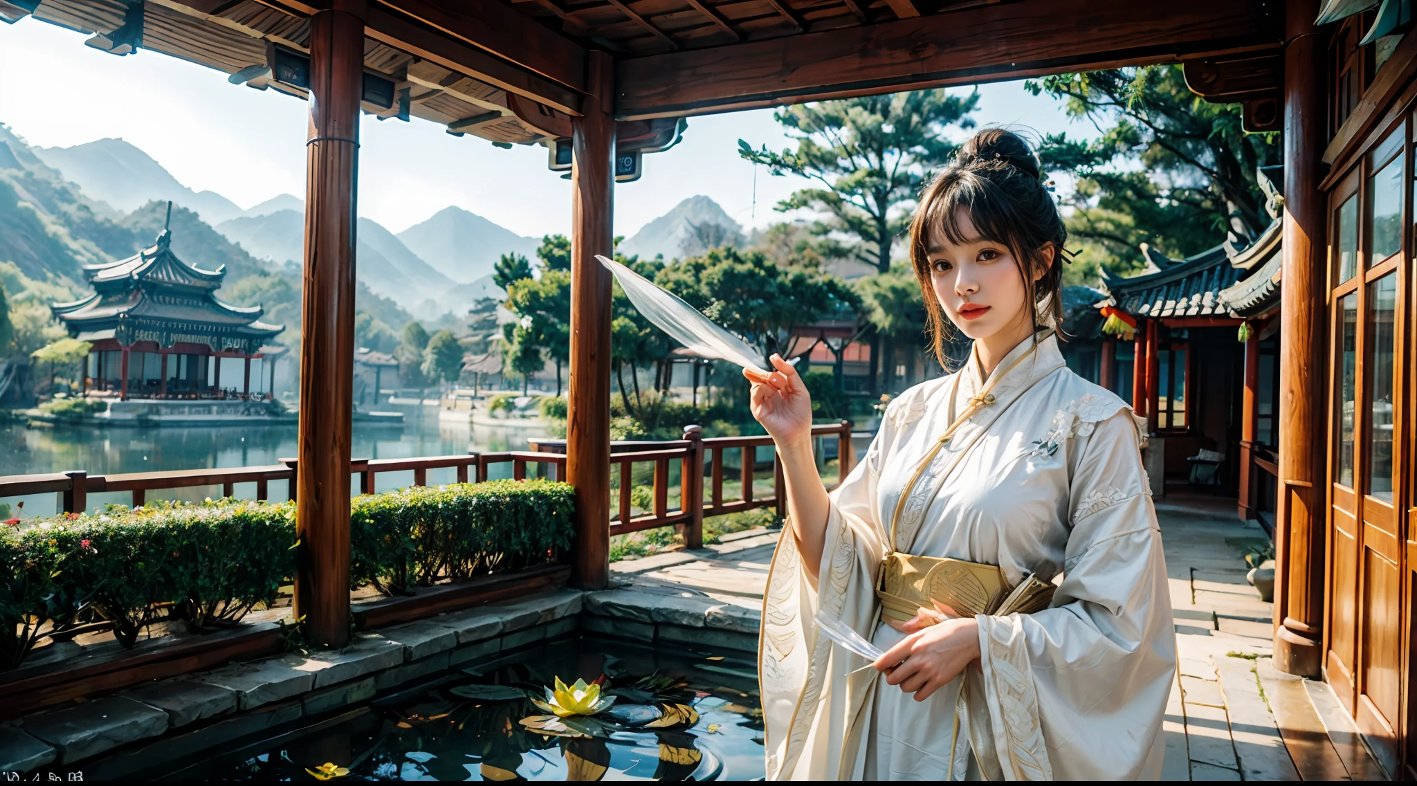 realistic, big vista, wide angle lens, intricate details, super detailed, natural skin texture, 1 girl, hair bundle, bun, beautiful Chinese woman in white hanfu robe cloak, fairy, white mist, golden light, white mist, outdoors, in Hangzhou West Lake, in ancient Chinese pavilion, (colorful, vivid, sunny, cool light: 1.2) lotus leaves in pond, delicate facial details, dynamic poses, exquisite details, wide view, epic details, global illumination - ar 3:2 - Q 5 - V 5.1 - Style RAW-S 750, style influenced by ancient Chinese art, complex, high detail, sharp focus, dramatic, photorealistic painting art, lotus leaf, spring rain, bright, light, atmospheric, bright tones of spring, super detail, 16k, best quality, soft light, space, crystal clear, natural light, surreal photography,