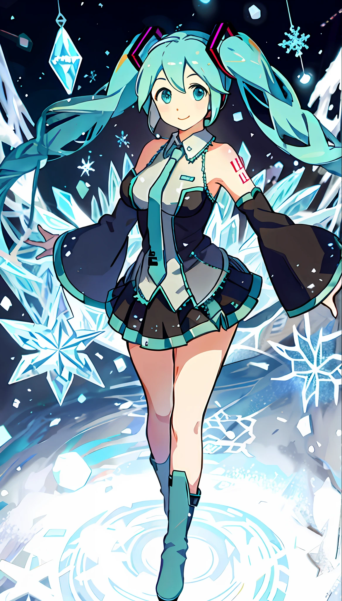 Hatsune Miku, pechos grandes y llenos、una leve sonrisa、iceMagicAI, de primera calidad,