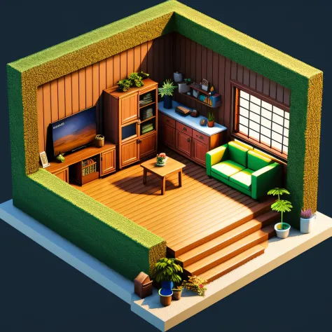 Isometric view of the Sim-like living room, sim, 3Dmodel, cottagecore, sim, cozily, blueprint, Game Concept