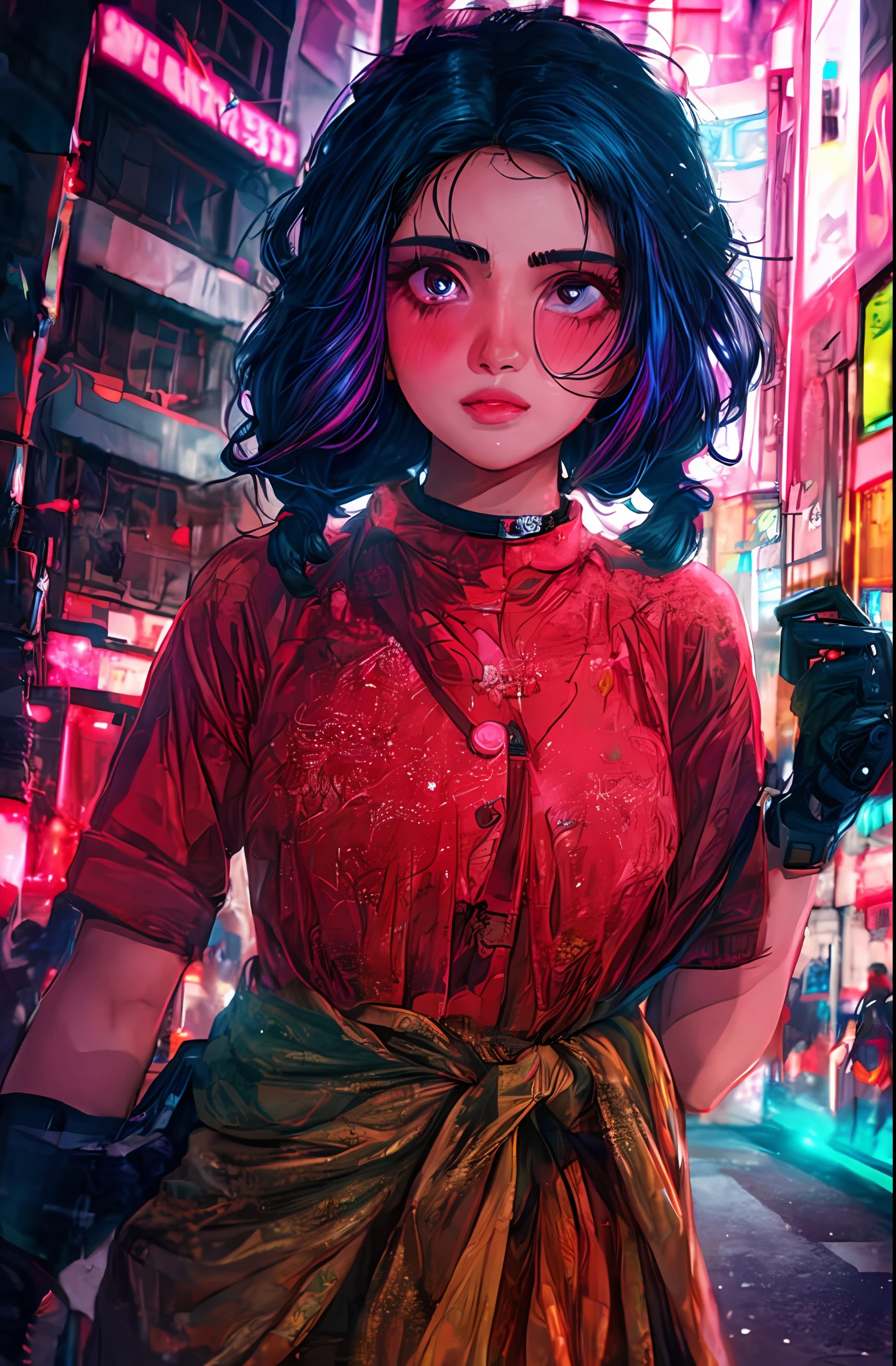 Anupama, 1girl,Creative hair,Rainbow Hair,City streets,fisheye,neon cold lighting, cyberpunk, blush, Waist Shot,Detailed face details,dynamic pose, rim lights,