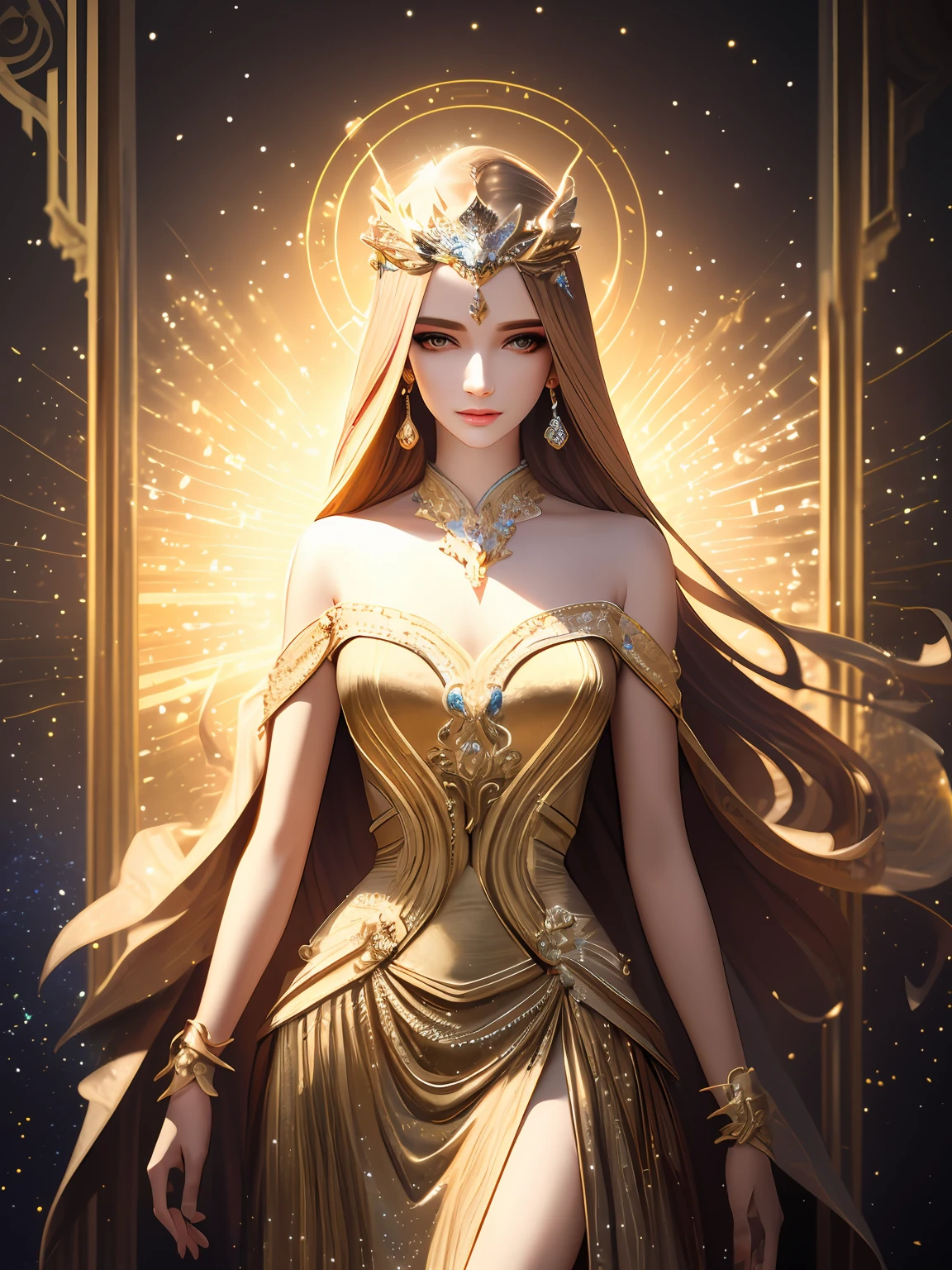 ((best quality)), ((masterpiece)), ((realistic)), Pretty slim Lady with nice body contour, celestial, deity, goddess, light particles, magic, light rays, reflections, (colorful), ray tracing, elegant dress, beautiful, pretty, detailed face, detailed eyes, illustration, highly detailed, sharp focus, digital render, professional, 4k, artstation,