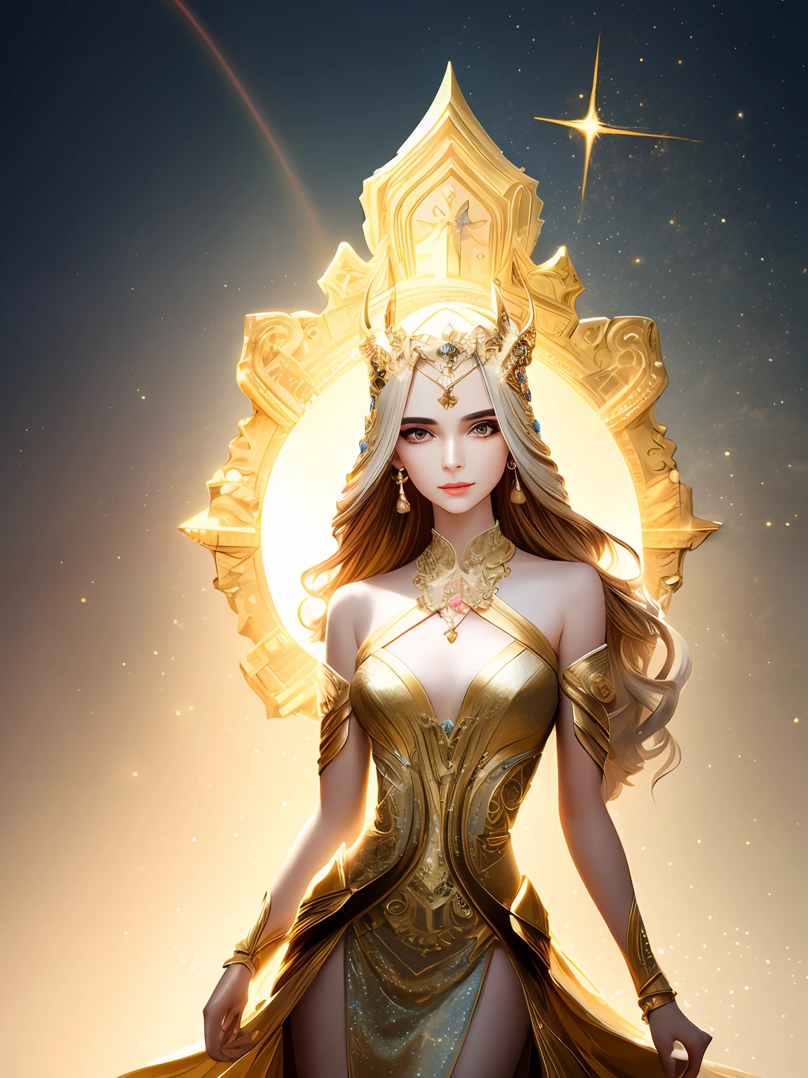 ((best quality)), ((masterpiece)), ((realistic)), Pretty slim Lady with nice body contour, celestial, deity, goddess, light particles, magic, light rays, reflections, (colorful), ray tracing, elegant dress, beautiful, pretty, detailed face, detailed eyes, illustration, highly detailed, sharp focus, digital render, professional, 4k, artstation,