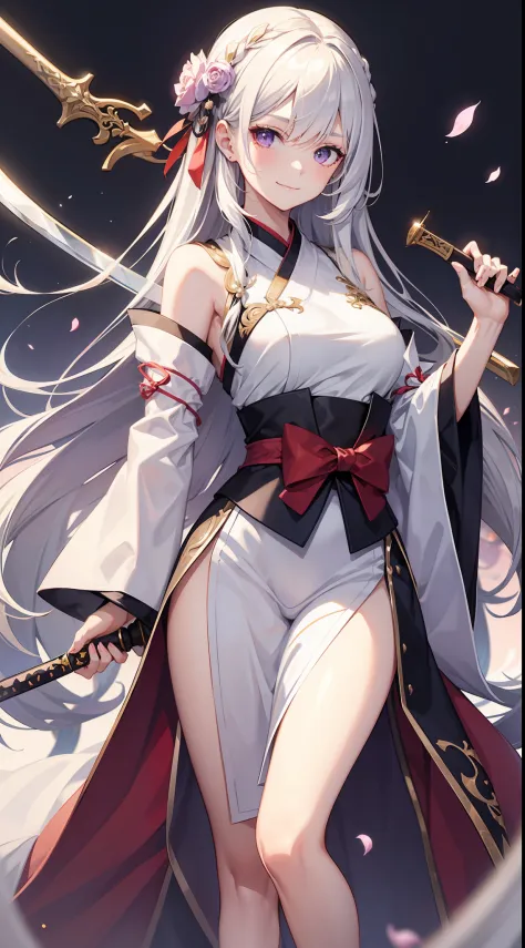 Fashionable girl, Long white hair, violet eyes, White Hanfu, smirk, open breasts, a sword, Masterpiece, hiquality