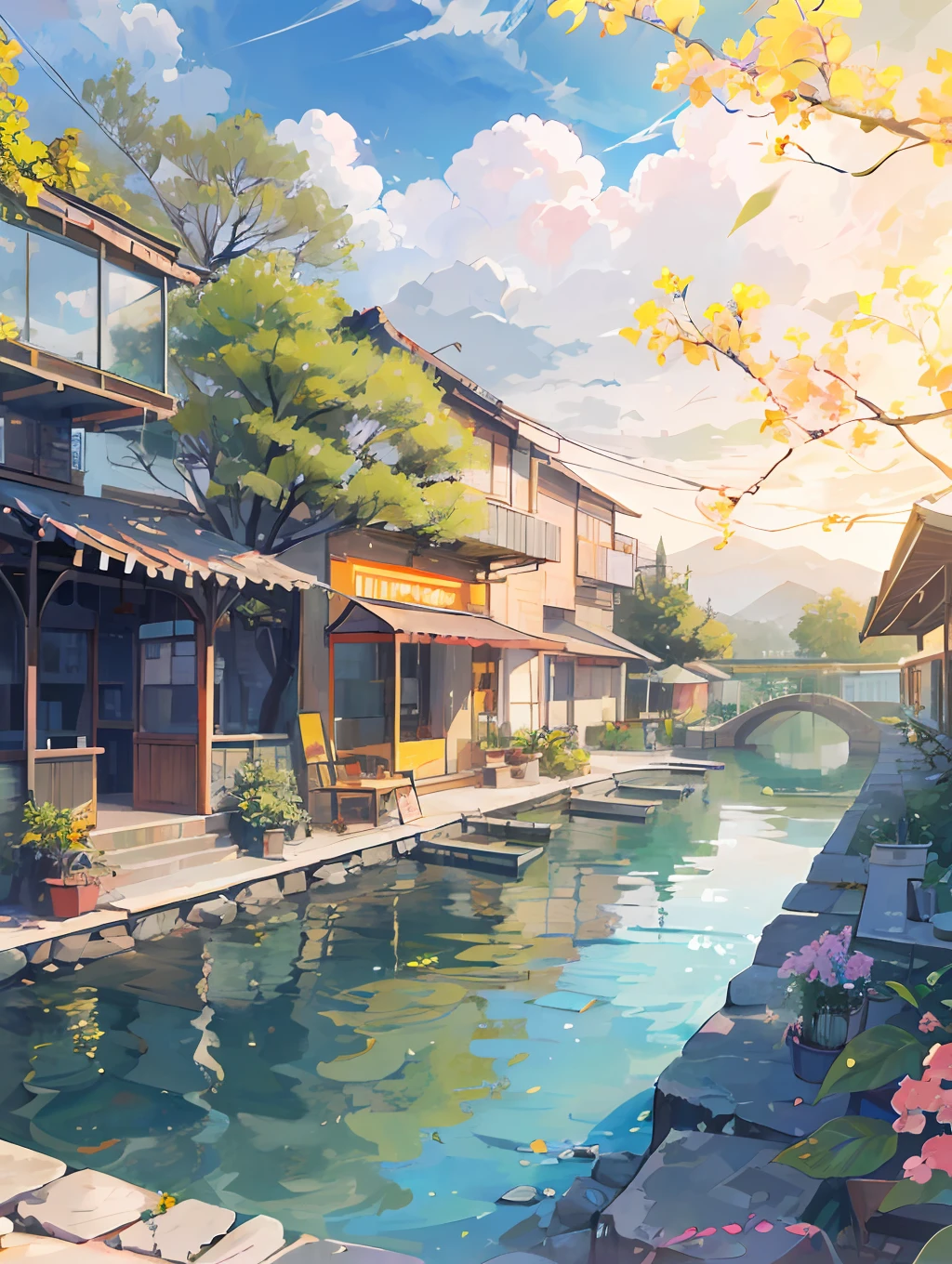 The healing cute style of natural scenery, river side, Bougainville, plants,((tileset)),the cozy image with the warm and bright sunny atmosphere in the background, and the beautiful scene of leisure.