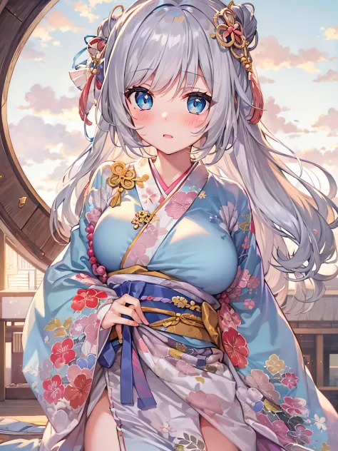 1girl in, Silver medium hair, sky-blue eyes, kimono skirt, shrines, Cute, blush, medium breasts⁩, Sunset, Best Quality++, Highest Quality++, full bodyesbian