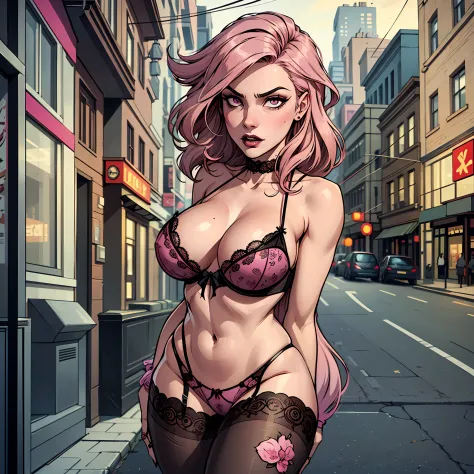 pink haired goth with long skinny legs wearing lingerie and stockings, big breasts, (covered, beautiful face intense gaze, lewd pose, in a busy street.