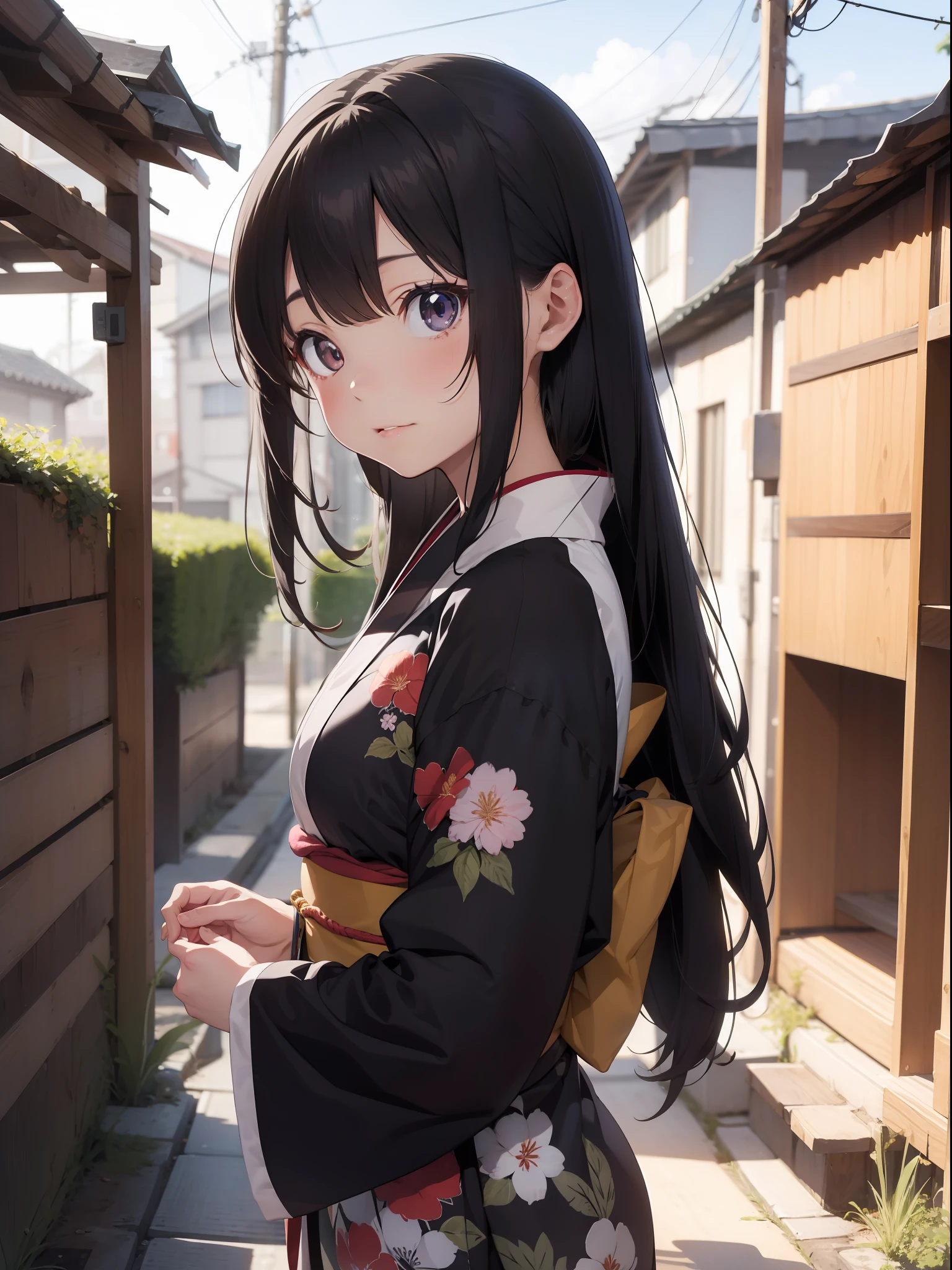 A beautiful [[beautiful Japanese]] girl with long [[long black hair]] wearing a kimono.--style Anime Girl