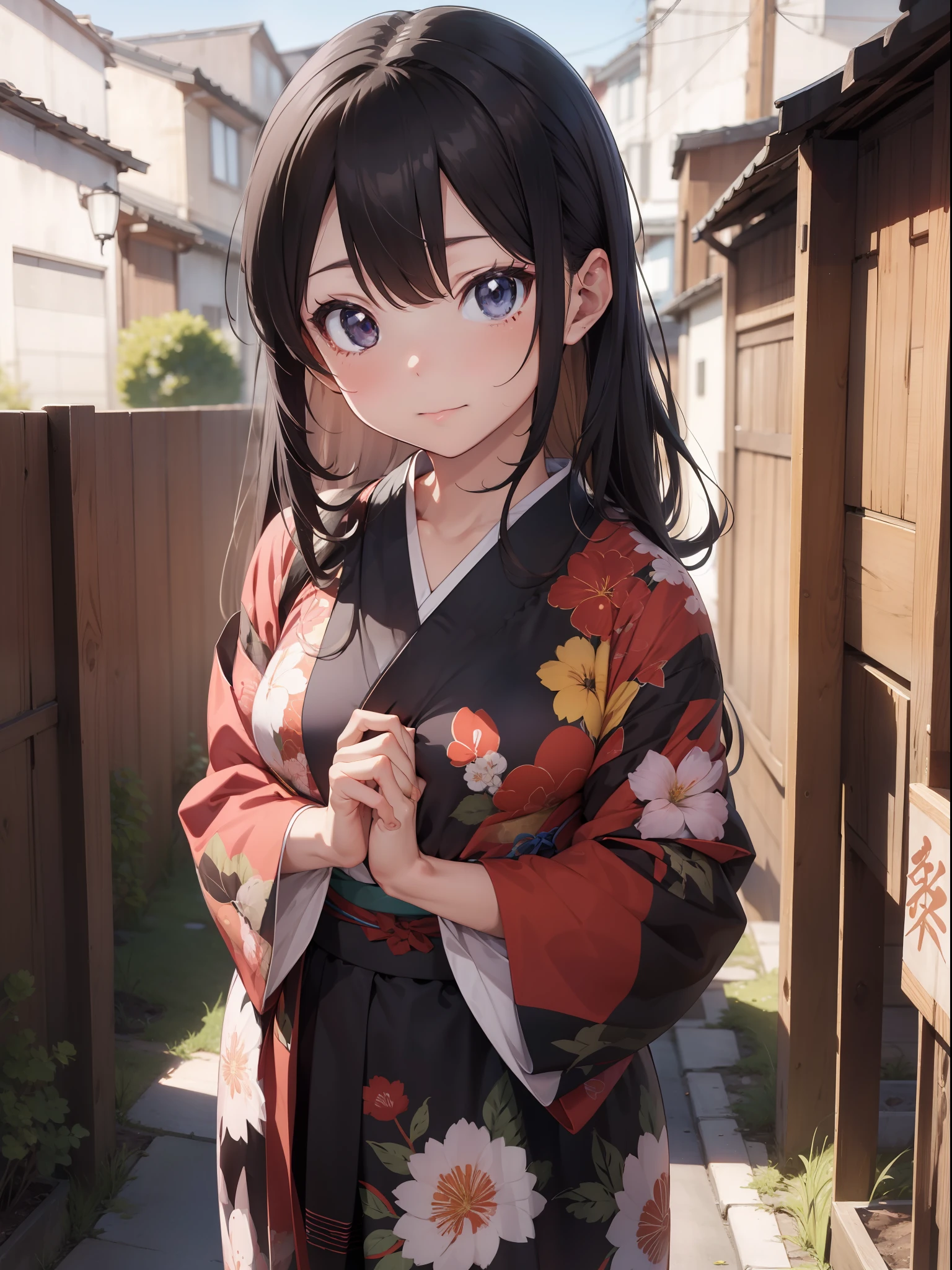 A beautiful [[beautiful Japanese]] girl with long [[long black hair]] wearing a kimono.--style Anime Girl