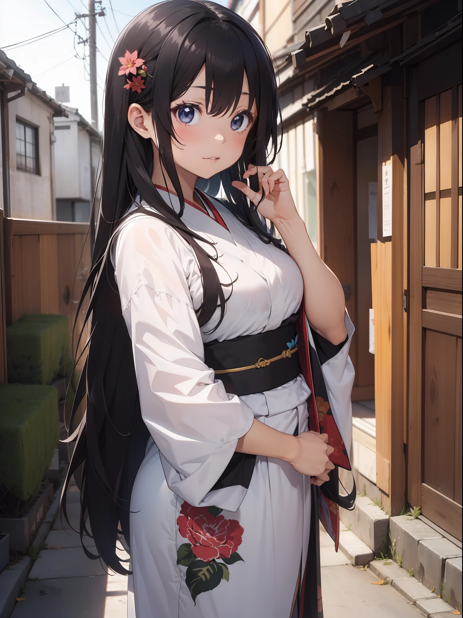 um bonito [[Linda Japonesa]] menina com longo [[cabelo preto comprido]] vestindo um quimono.--Menina anime estilo