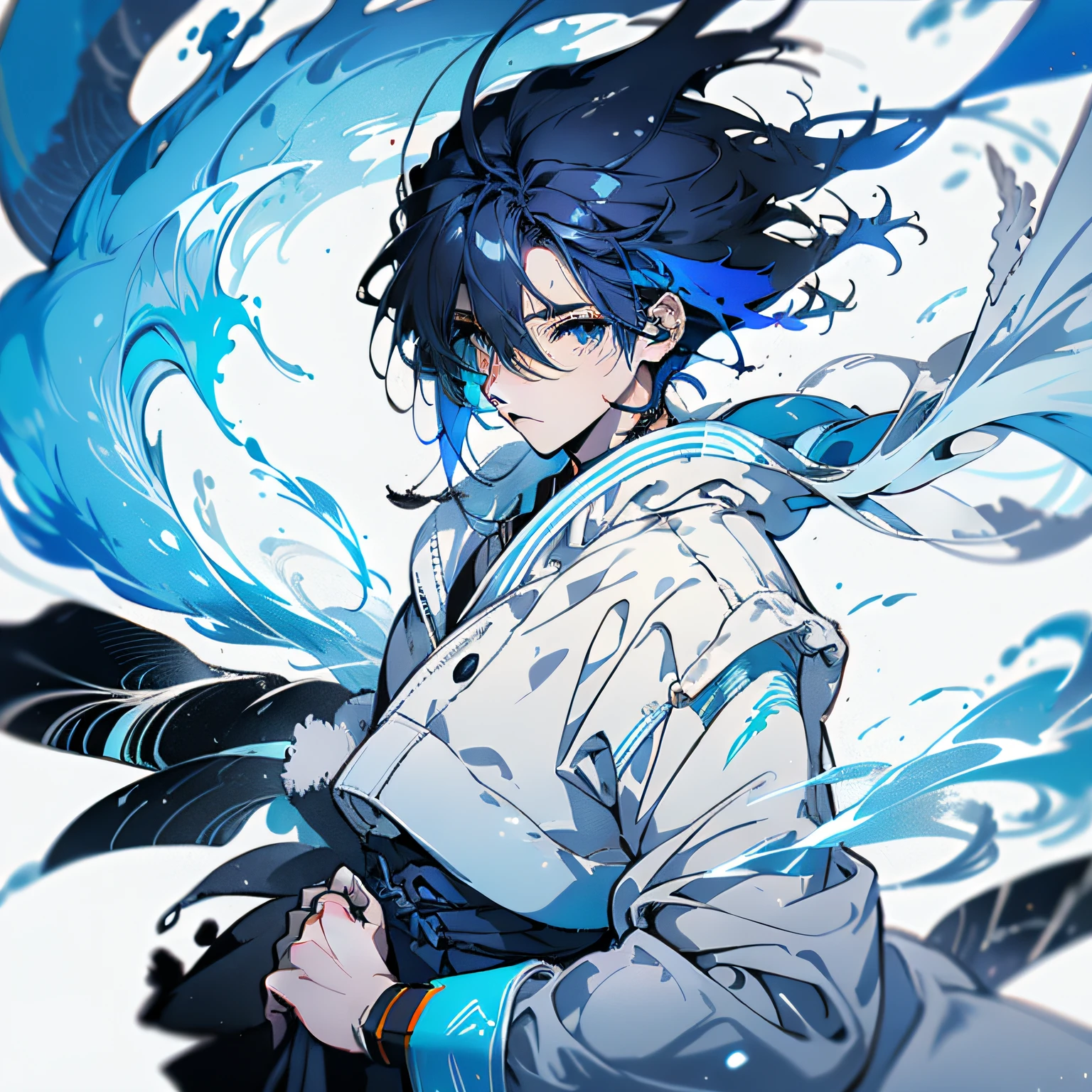 A painting of a man with blue hair and a white jacket, clean anime outlines, Outline sketch, clear outfit design, thick outline, contour drawing, Line sketch!!, Line art!!, Outlined!!!, Line sketch, full body concept, clean lineart, heavy outline, thick outline, inspired by Kamisaka Sekka, Full body character drawing, outlines，Handsome boy whose hair is black and gradient blue，clear outfit design