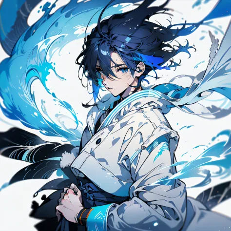 a painting of a man with blue hair and a white jacket, clean anime outlines, outline sketch, clear outfit design, thick outline,...