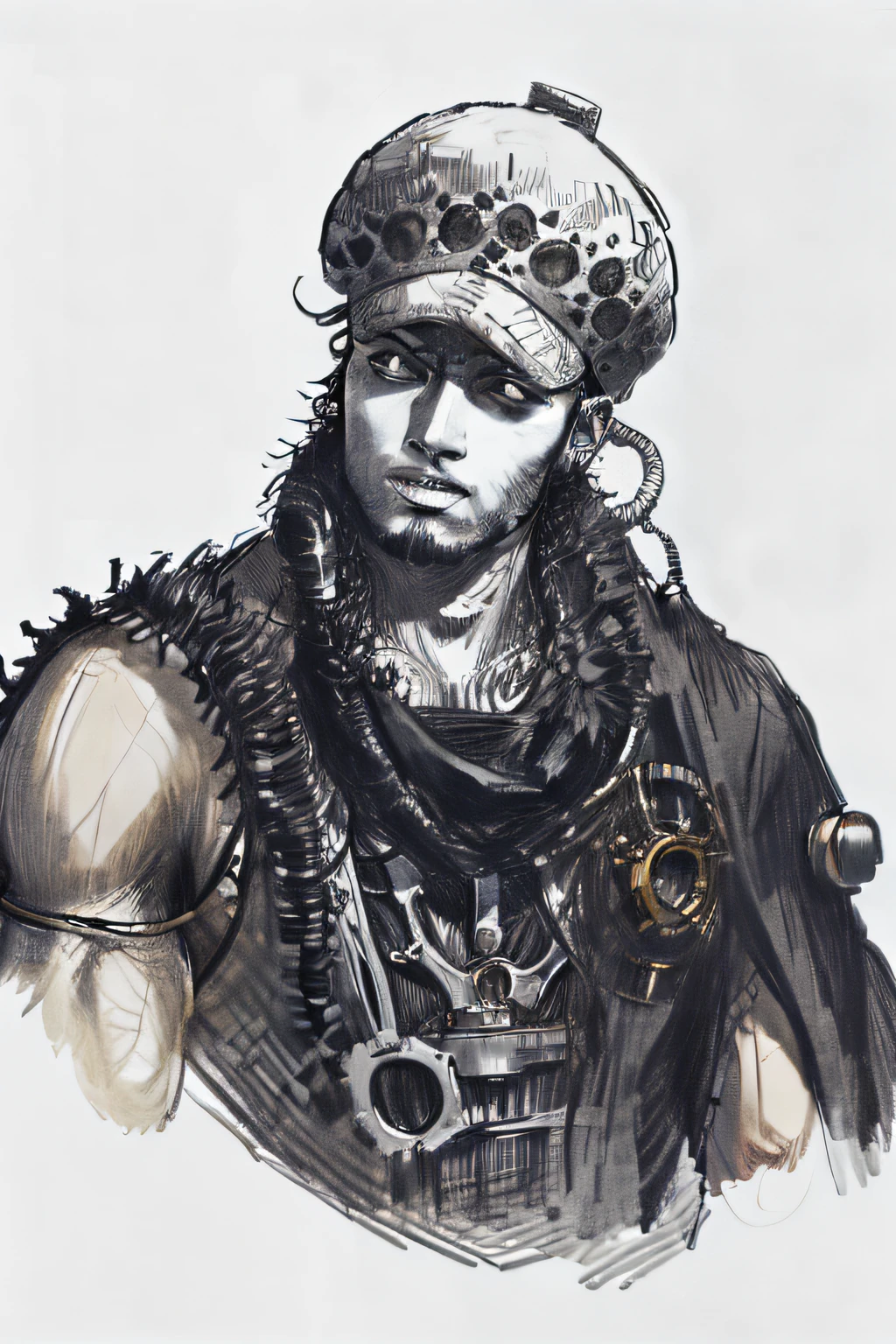 A captivating greyscale pencil drawing capturing the charismatic Trafalgar D. Water Law from the anime series One Piece, portrayed in a detailed portrait that extends till his upper body. Law is depicted wearing an enchanting steampunk-inspired dress, adorned with intricate gears, chains, and ornate lace that complement his commanding presence. The sketch showcases the meticulous details of his dress and the delicate shading that brings depth to his form. The drawing is rendered in 4K HDR, allowing for stunning visual clarity and contrast. The background is kept minimal, emphasizing Law's captivating presence and the intricate steampunk aesthetics of his attire. Style: Detailed pencil drawing with a focus on precise linework, shading, and texture, capturing the essence of Law's steampunk dress. Execution: Created using high-quality pencils on fine-grained paper, employing various shading techniques to achieve a lifelike portrayal with rich details and textures, while showcasing Law's magnetic personality and the steampunk aesthetics in the captivating greyscale style, SteamPunk , ((male)), 1boy, hat