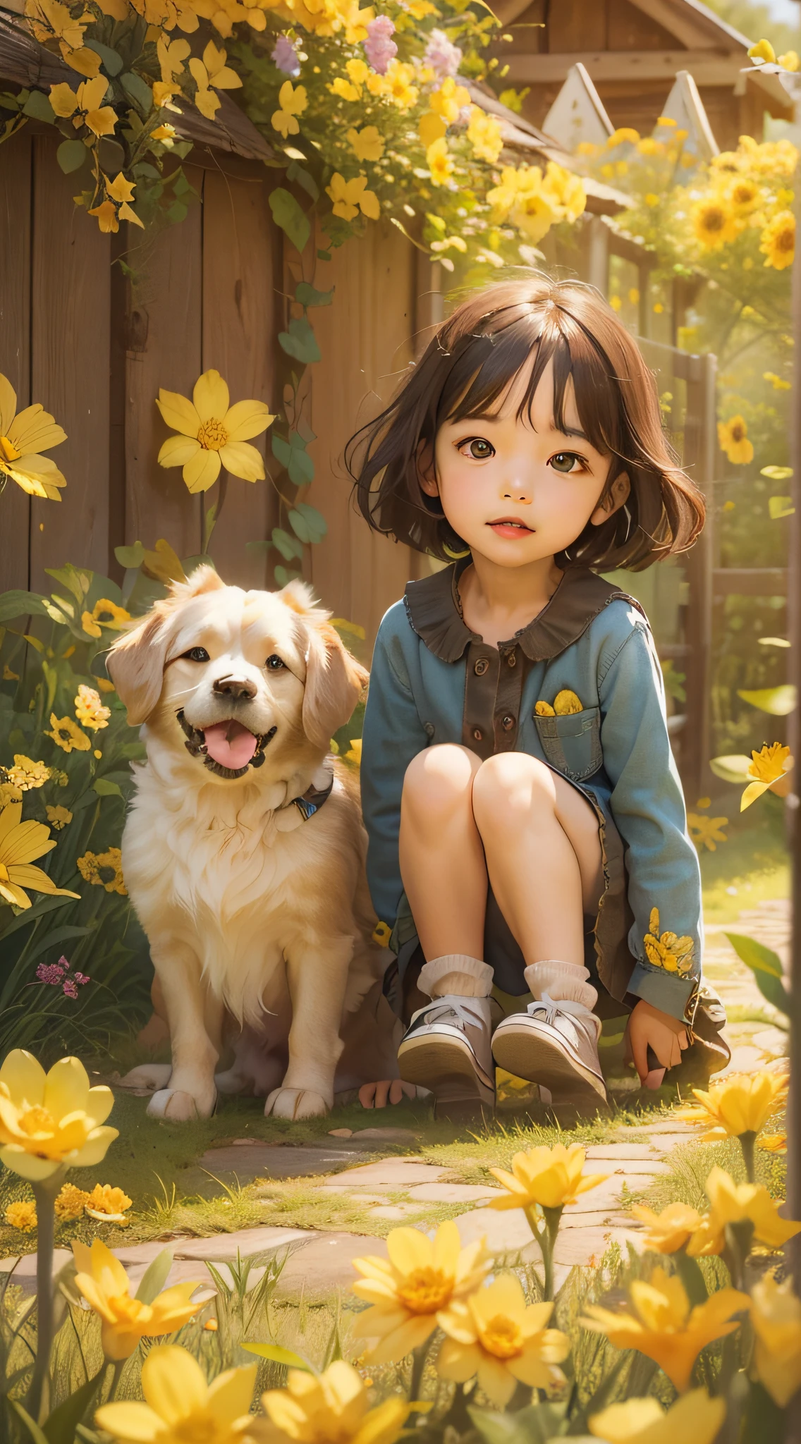A charming ，Brunette and her cute puppy，Enjoy a lovely spring outing surrounded by beautiful yellow flowers and nature。Country lanes，Fenced hut，The illustration is a high-definition illustration in 4K resolution，With very detailed facial features and cartoon-style visuals。