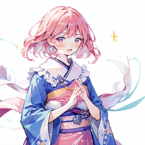 masterpiece, top quality, best quality, official art, beautiful and aesthetic, 1girl, solo,pure white background,sparkle,pink eyes, pink hair, short wave head,blush,looking at viewer，open mouth,smile,Eastern Project,Saigyouji Yuyuko,blue kimono, kimono sle...