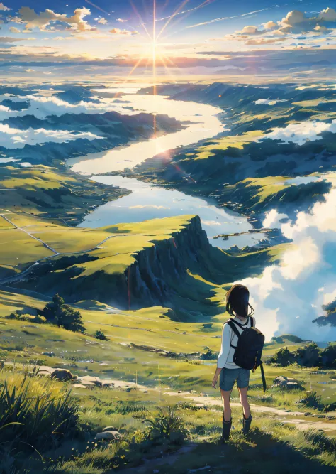 The vast sky, beautiful skyline, large grasslands, extremely tense and dramatic pictures, moving visual effects, the high-hanging Polaris, and colorful natural light. A long-sleeved top, denim shorts, and a girl with a backpack.