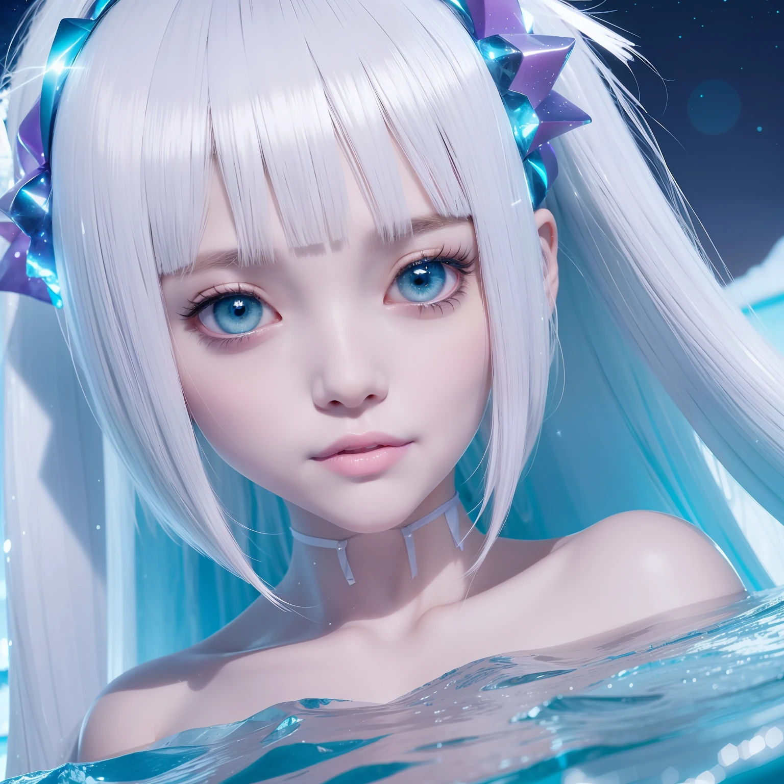 Sit on an iceberg, Look up at the purple starry sky, White hair, Blunt bangs, hair over shoulders, Asymmetrical bangs, Big hair, ribbon, aqua eyes, Smile, Smile, Anime, god light, god light, god light, f/4.0, Close-up, hyper HD, retinas, Masterpiece, High details, Textured skin