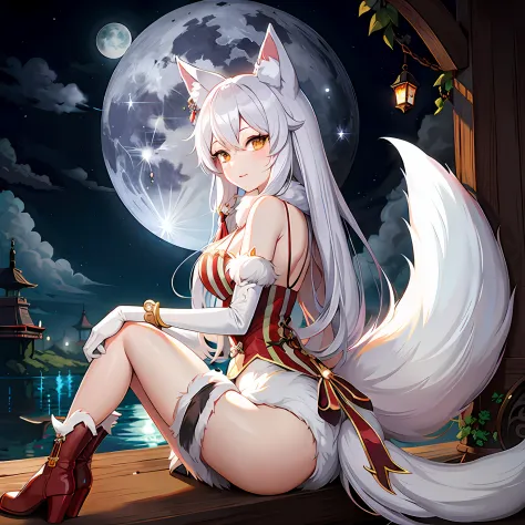 Anime girl with white hair and white ponytail sitting on a ledge, white - haired fox, holo is a wolf girl, Vampire White Fox, tr...