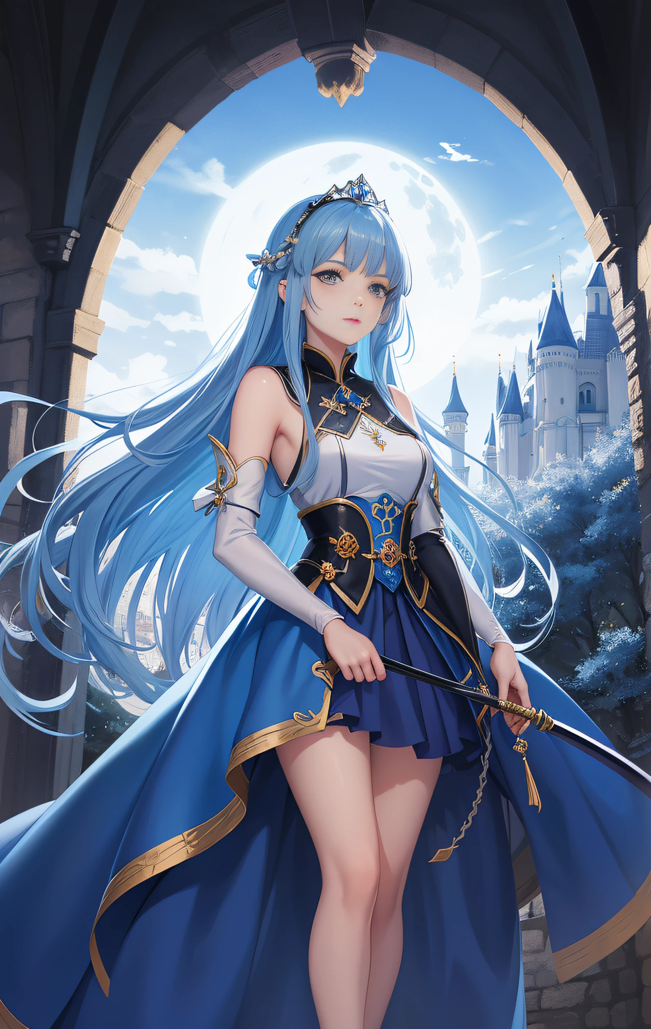 Sword girl in blue dress before the full moon, fairy tale fantasy, anime girl with long hair and blue skirt, beautiful girl with a crown ((a beautiful fantasy empress)), full body fairy swordsman, palace, girl in Hanfu, inspired by Lan Ying, fairy tale fantasy, fairy swordsman, Kurosawa Nishiya, beautiful figure painting