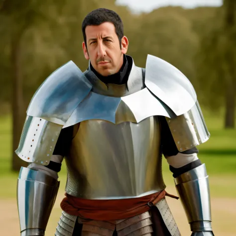 Adam Sandler in knight armor, portraying a valiant and heroic medieval warrior.