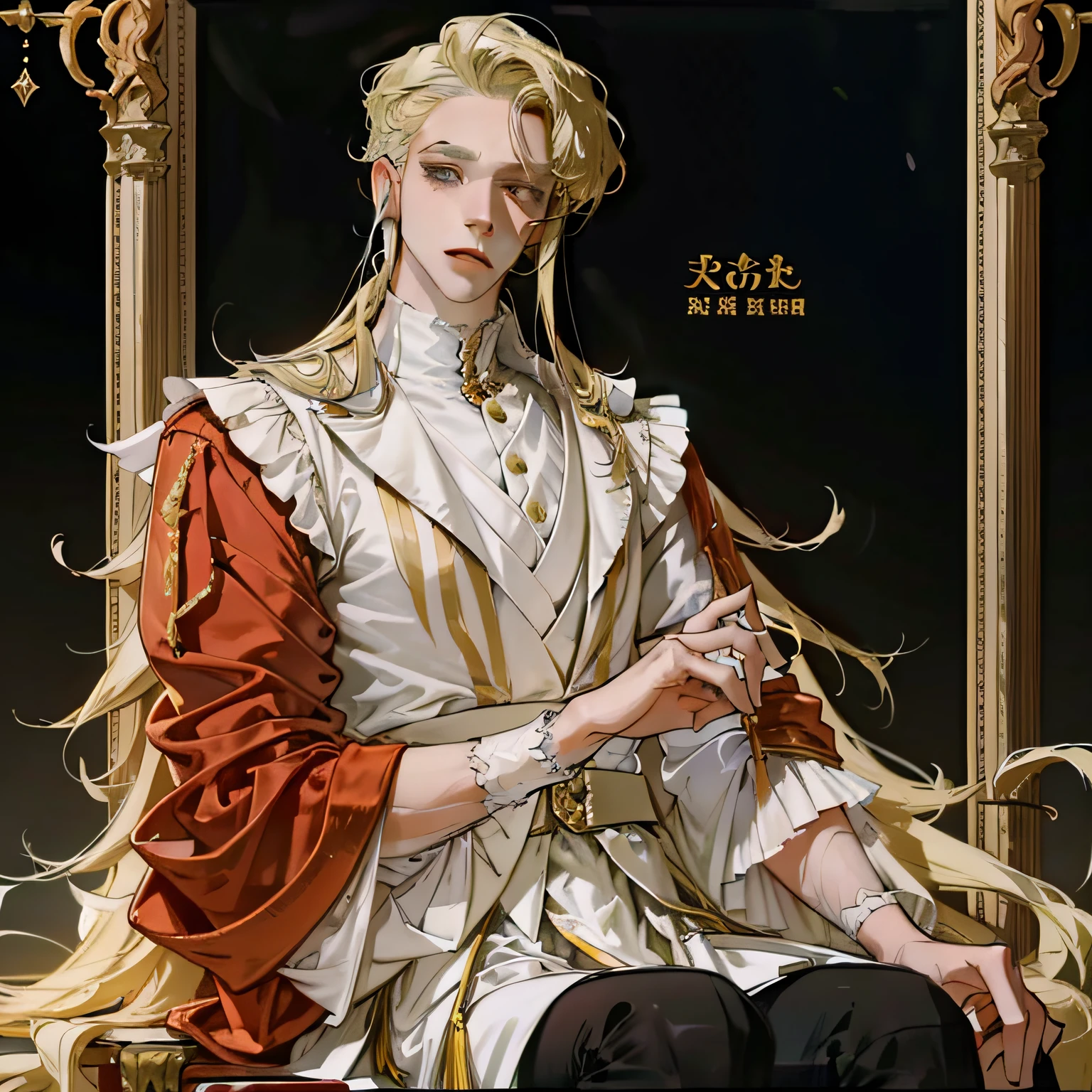 Character conceptual design，Blonde man，Detailed costume design drawings，Role diagram，Whole body diagram，clean lineart，Long blonde hair handsome，handsome，Dressed in aristocratic clothing