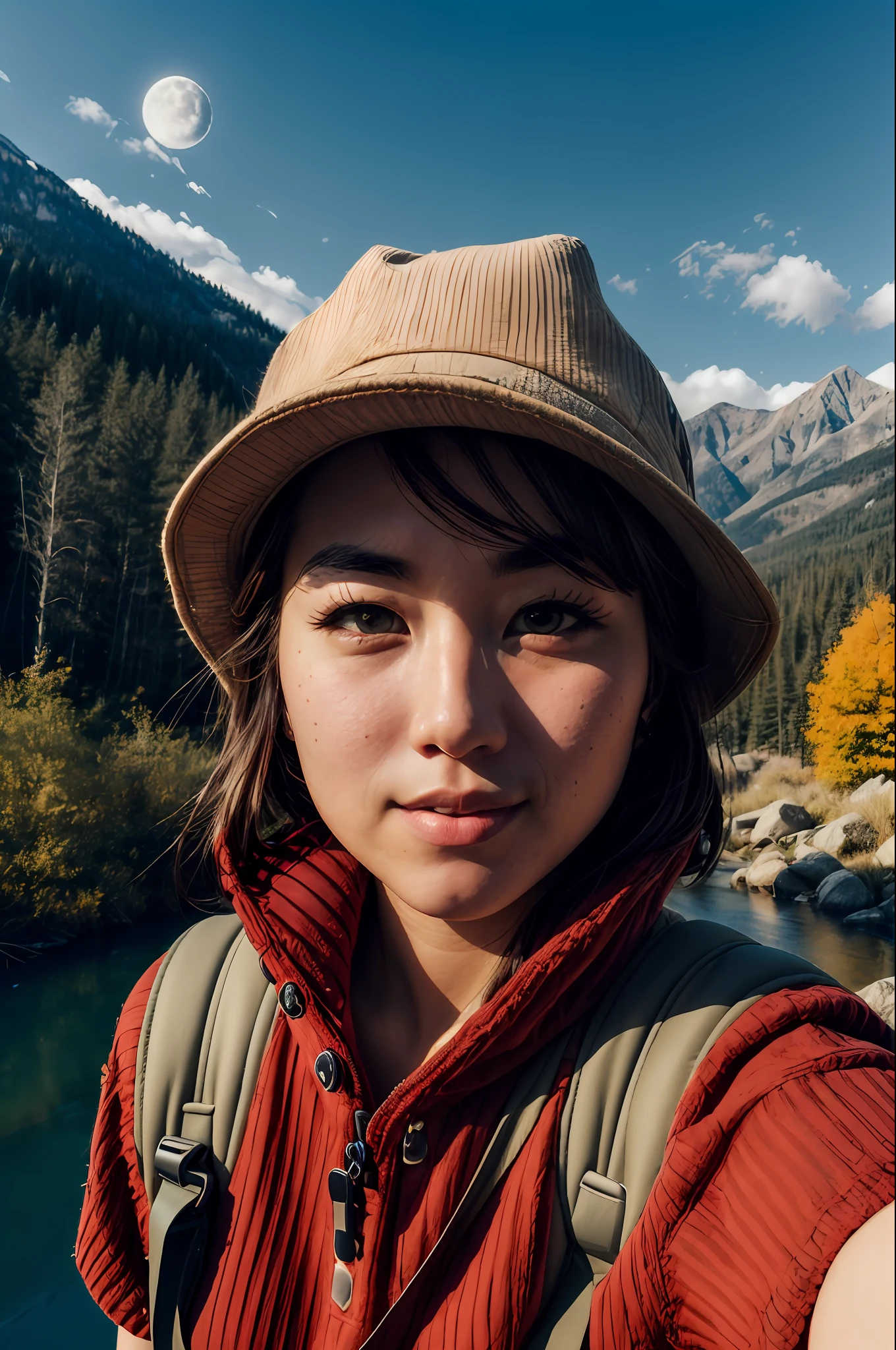 VeronicaCipher ((upper body selfie, happy)), masterpiece, best quality, ultra-detailed, solo, outdoors, (night), mountains, nature, (stars, moon) cheerful, happy, backpack, sleeping bag, camping stove, water bottle, mountain boots, gloves, sweater, hat, flashlight, forest, rocks, river, wood, smoke, shadows, contrast, clear sky, analog style (look at viewer:1.2) (skin texture) (film grain:1.3), (warm hue, warm tone) :1.2), close up, cinematic light, sidelighting, ultra high res, best shadow, RAW, upper body,  , wearing pullover
kodak vision 3,