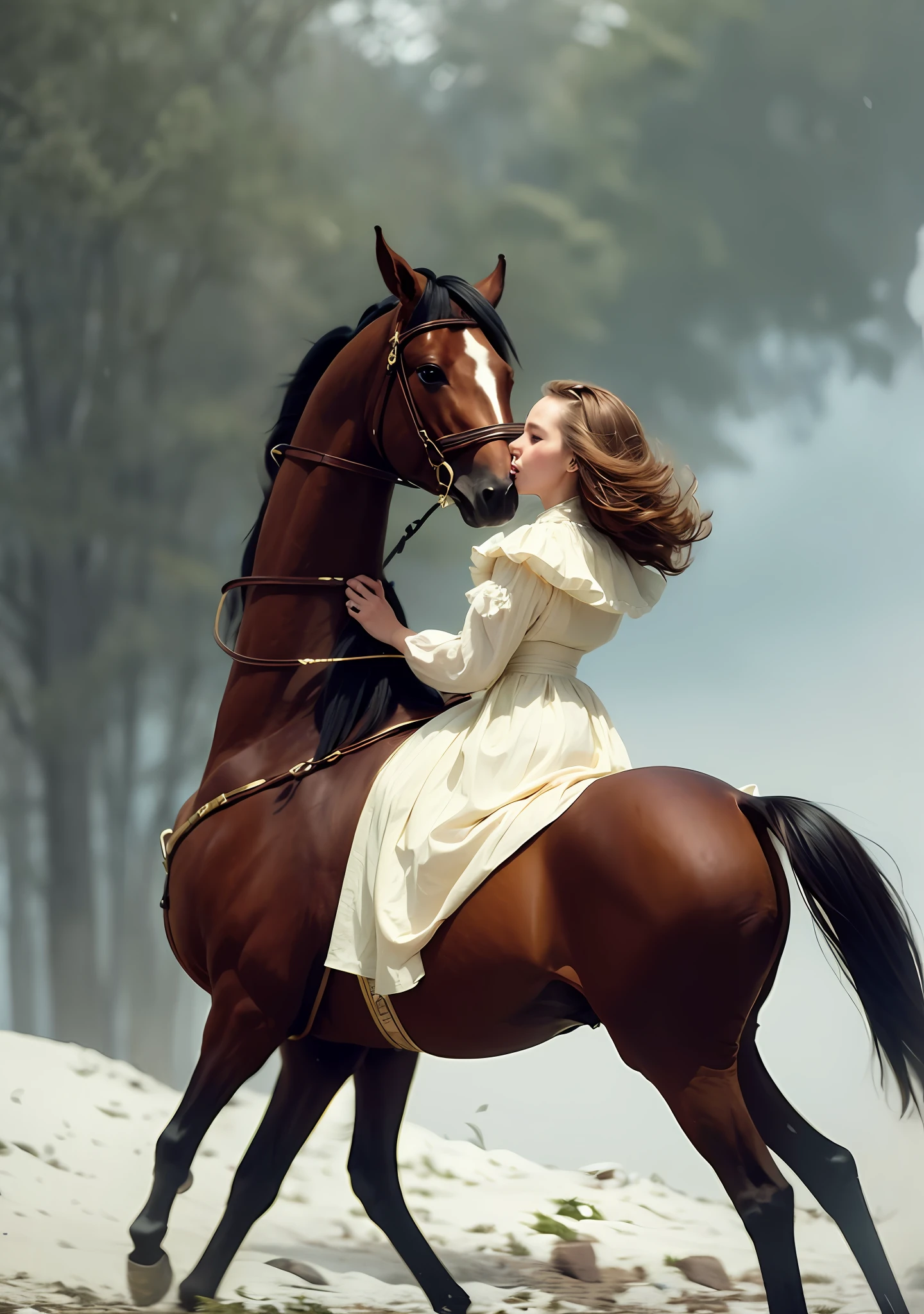 Woman in white dress riding a horse in a field with trees - SeaArt AI