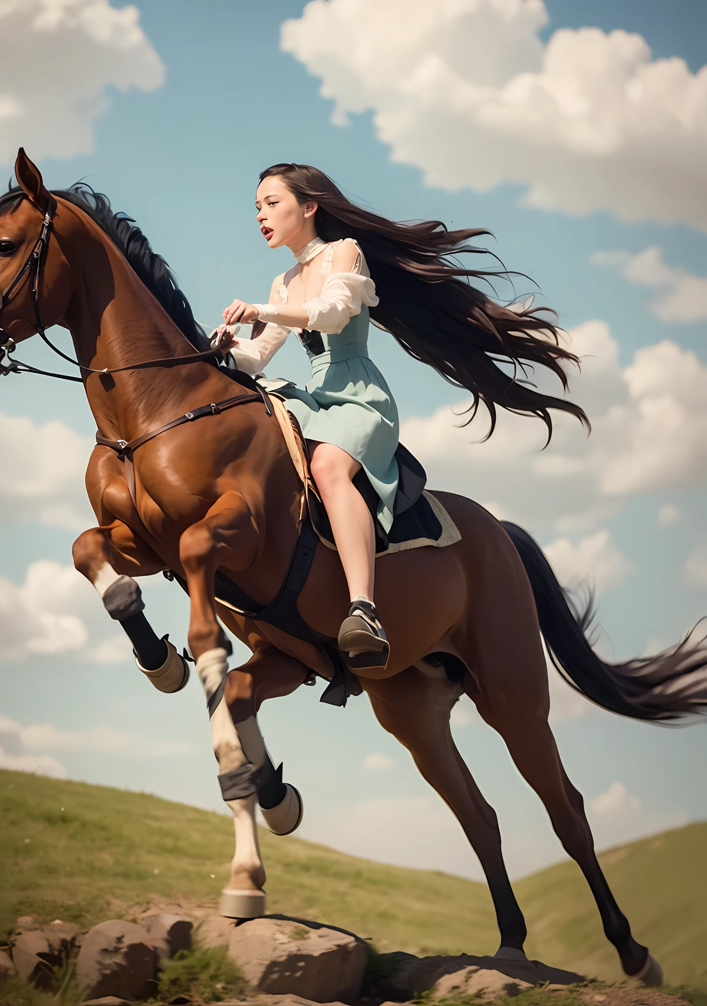 Woman riding a horse in a field with a sky background - SeaArt AI