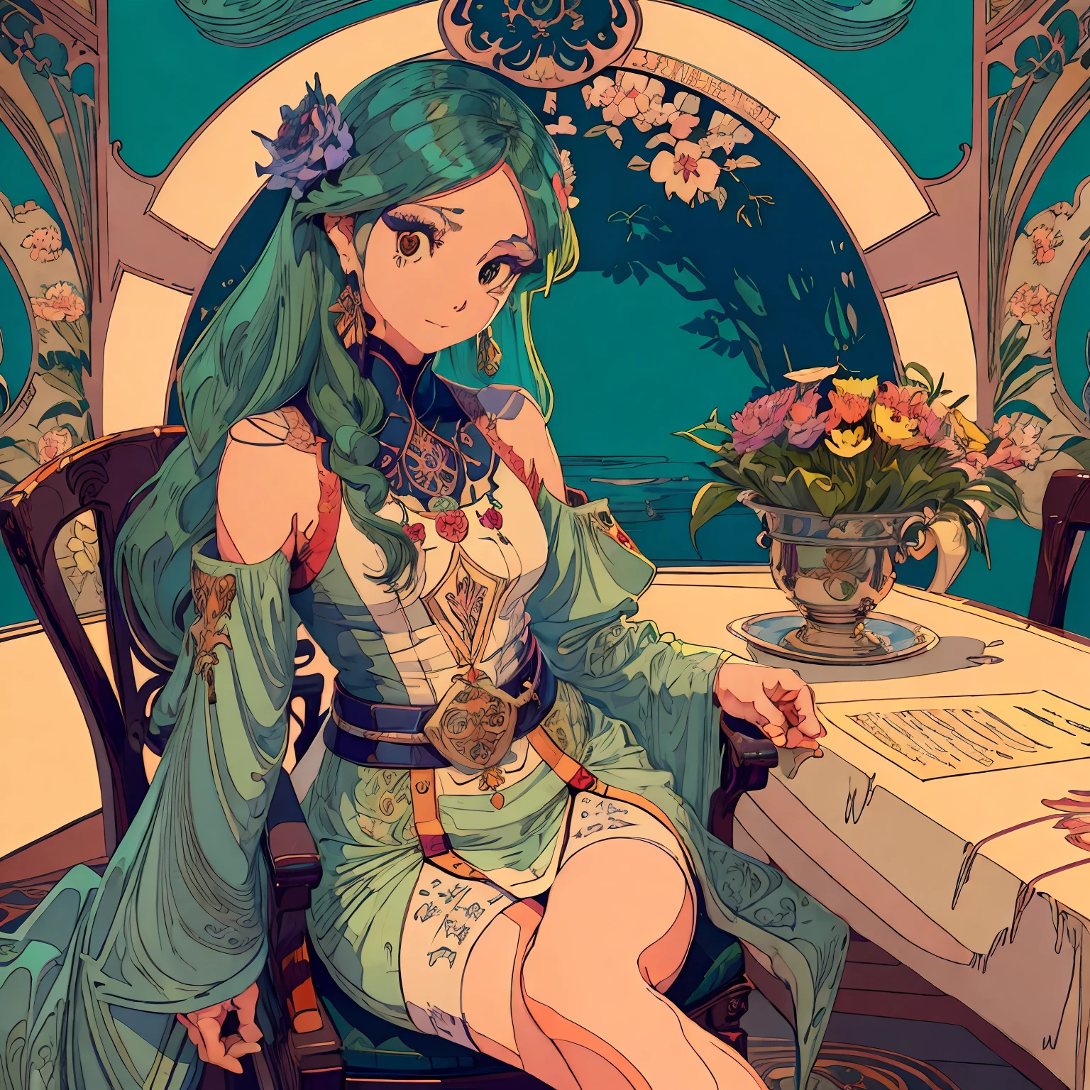 a painting of a woman sitting on a chair with flowers, anime art nouveau, alphonse mucha and rossdraws, alphonse mucha style, korean art nouveau anime, flat shading mucha, in style of alphonse mucha, demura and alphonse mucha, anime art nouveau cosmic display, inspired by Alfonse Mucha, mucha style, flat cel shading mucha --auto