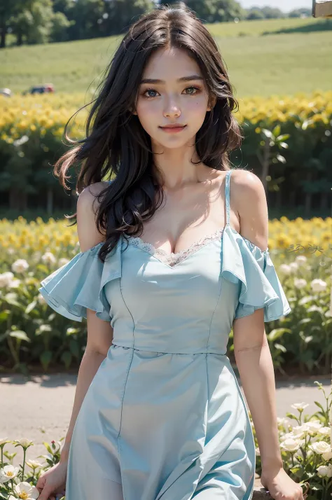 top-quality、​masterpiece、超A high resolution、(Photorealsitic:1.4)、Raw photo、女の子1人、Colossal tits、Light blue dress、off shoulders、flower  field、glistning skin、lightsmile