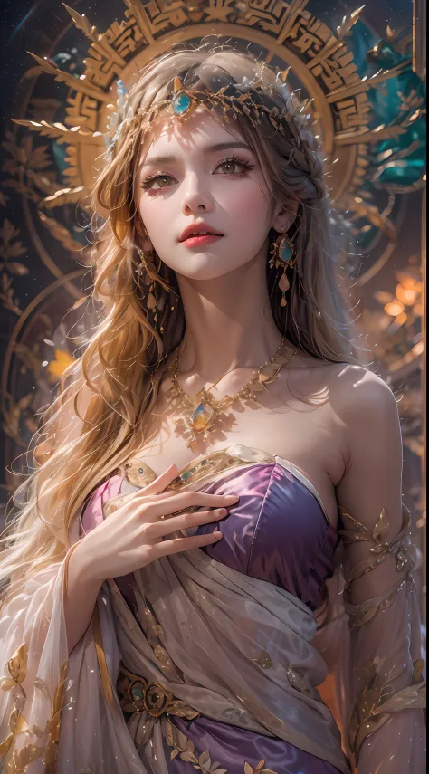 1 25 year old girl, 1 goddess Athena, purple pink silk dress, beautiful goddess Athena's face without blemishes, sexy thin yellow nightgown, long thin nightgown of saint with many evocative black lace details feel, saint goddess legend, saint female icon, ...