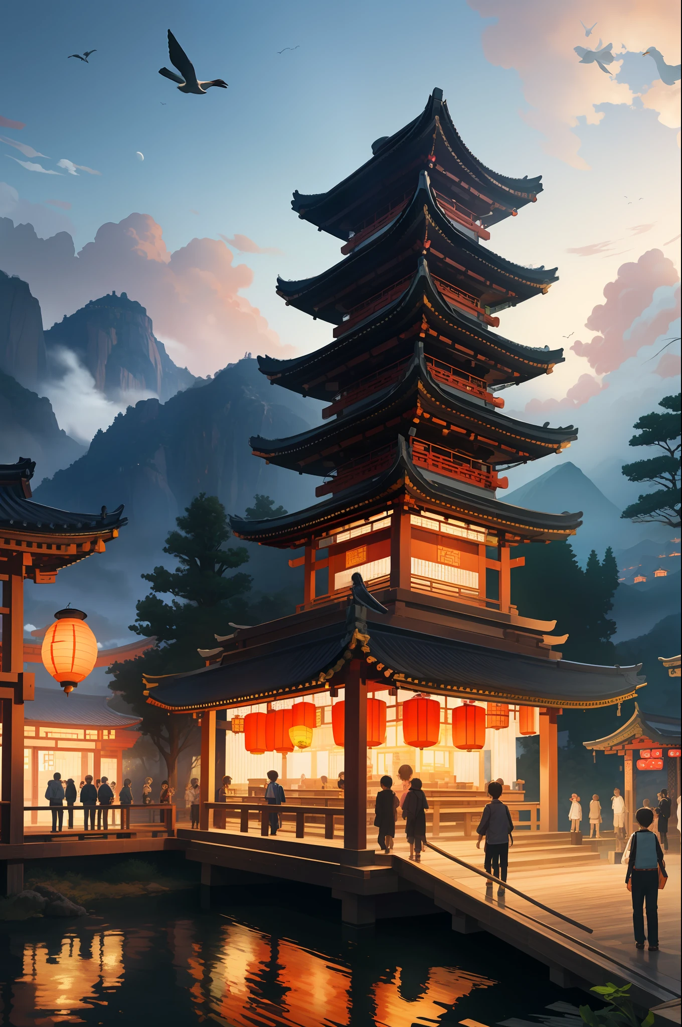 architecture, east asian architecture, scenery, lantern, pagoda, outdoors, sky, paper lantern, cloud, bird, building, tree, standing, mountain, bridge, holding, multiple girls, 6+boys, day, masterpiece, best quality,