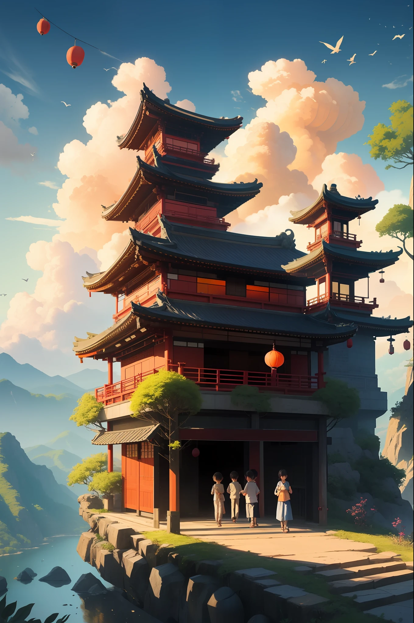 architecture, east asian architecture, scenery, lantern, pagoda, outdoors, sky, paper lantern, cloud, bird, building, tree, standing, mountain, bridge, holding, multiple girls, 6+boys, day, masterpiece, best quality,