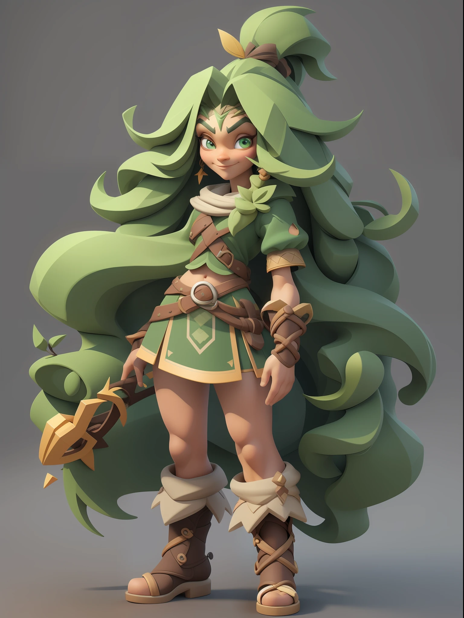 1 beautiful long-haired girl，Full body like，（European and American cartoon Q version，3D model rendering，Primitive barbarian style），Skinny archer，green leaf garnish，Barbarians，Clash Royale style，Cartoon model rendering，low poly，highly details eye、beauitful face，Mini Dwarf，Complicated details，Full body standing painting，white backgrounid，tmasterpiece，best qualtiy，Best resolution，8K