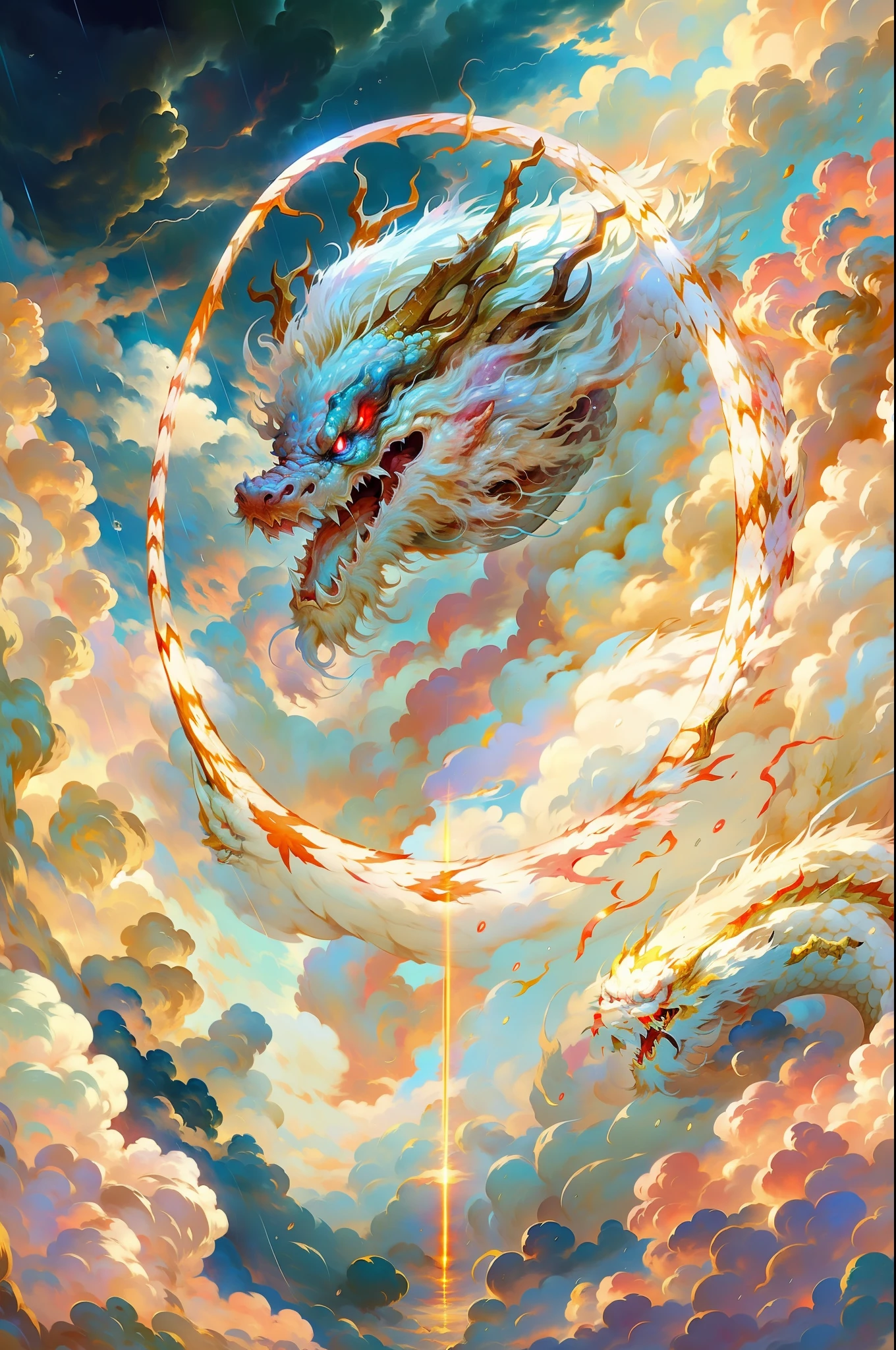 Best quality,masterpiece,ultra high res, (long:1.2),no humans, cloud,  red eyes, (lighting horns), open mouth, sky, fangs, eastern dragon, cloudy sky, teeth, flying in the sky, raining,