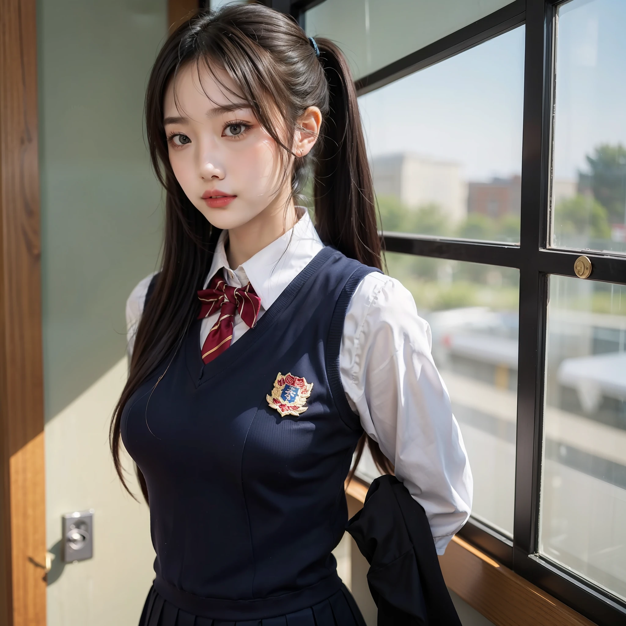 A high ponytail，Korean girl，Chinese school uniform uniform，Beautiful face on the upper body，mediuml breasts，Black pupils