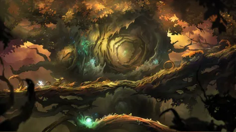 (((Alafeld tree))), ((Luminous light source)), ((background artwork)), ((Dark forest concept art)), ((Ori and the Blind Forest))...