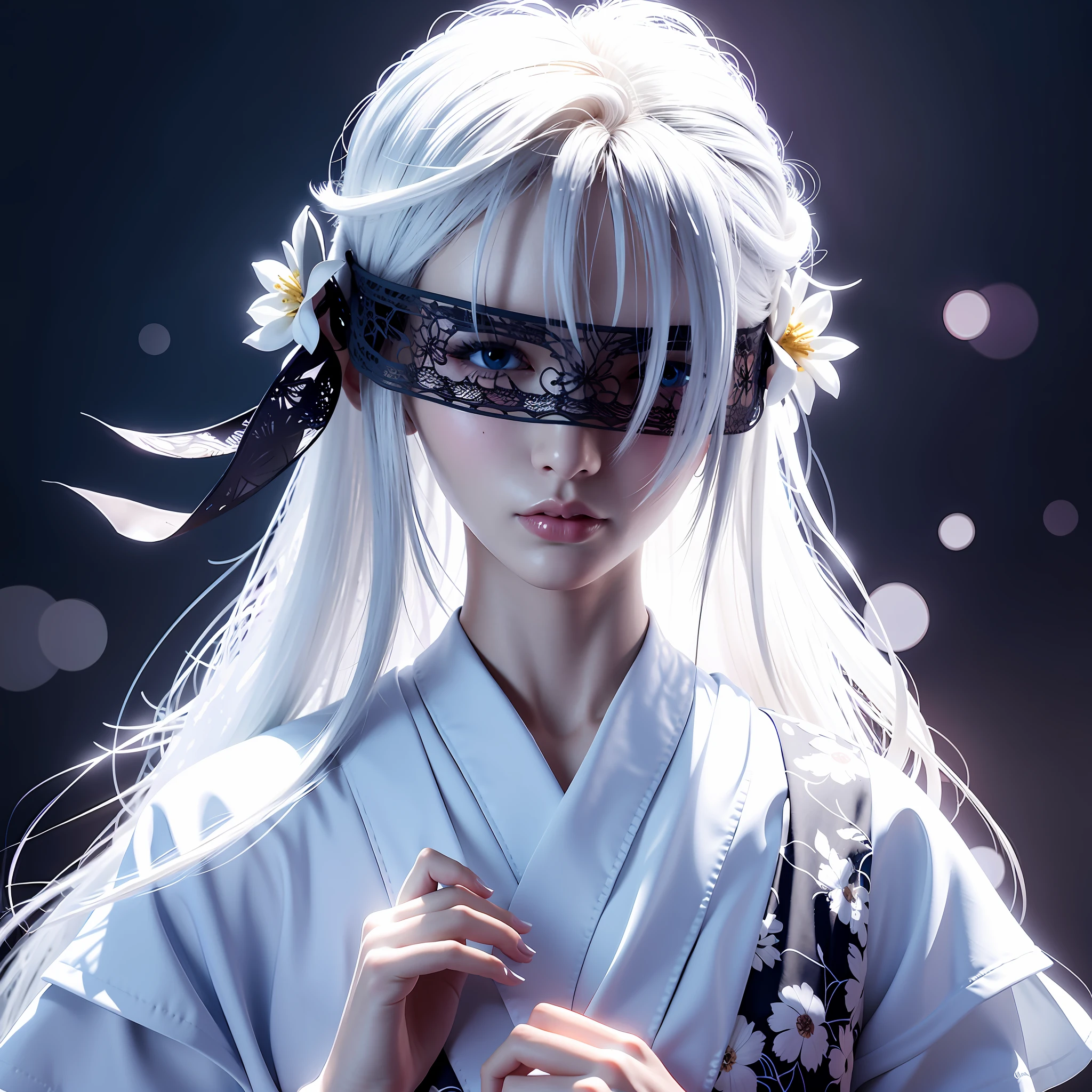 8K，best qualtiy，tmasterpiece，超高分辨率，Epic and beautiful character art，Stunning character art，A woman wears a black ribbon to cover her eyes，Gray hair，Anime girl with flowers in her hair, Gray background，It is a detailed Onmyoji style art，Whitening of the face，frostbite，Silk robes，Very beautiful girl，The blind freedom of a few，style of anime4 K, Anime wallpaper 4K,  White-haired god, anime styled 3d