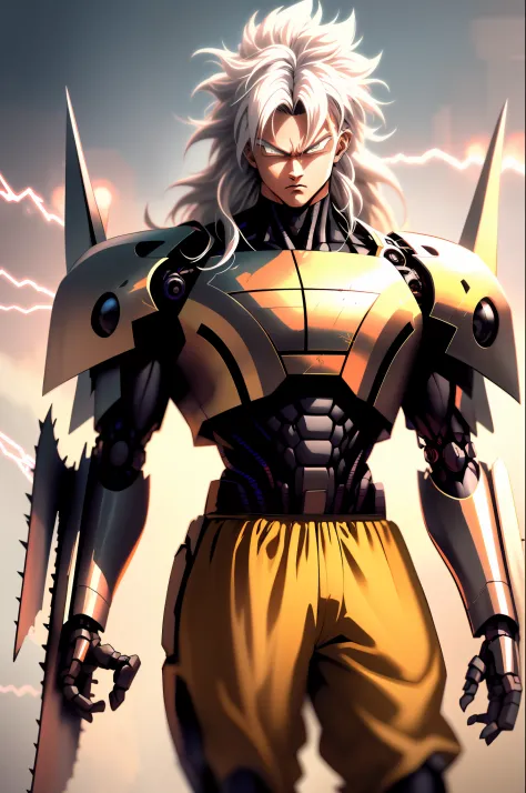 Highly detailed, High Quality, Masterpiece, beautiful, SuperSaiyan, 1boy, solo, cowboy shot, with long pointy horns , super saiyan, spiked hair, aura, electricity, gigachad, (long hair:1.2), white hair, wearing a cybernetic mecha armor with jet laser wings...