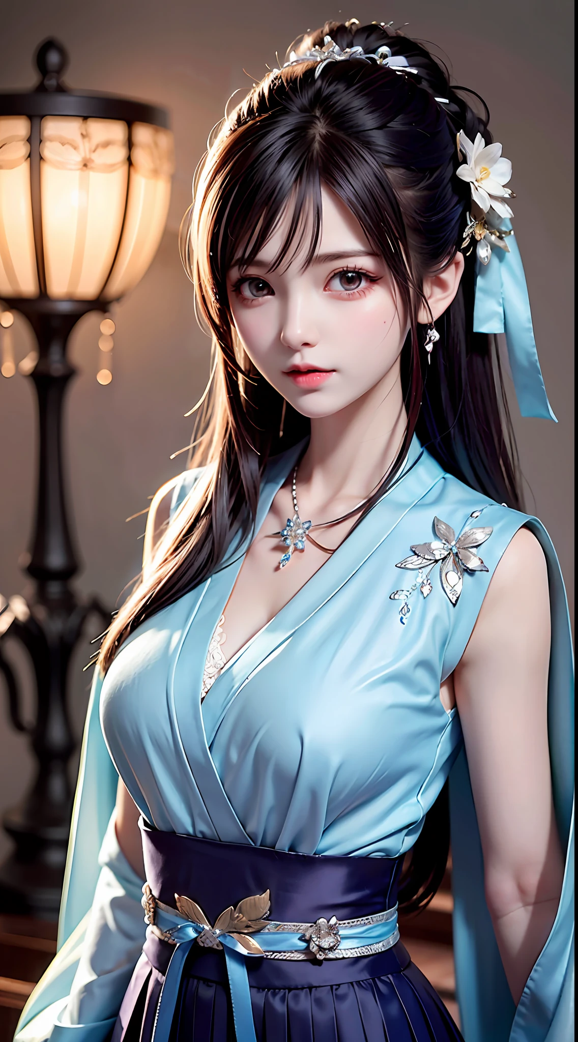 Bust photo，a  beautiful female，messy  hair，teens girl，Symmetrical bun，hair adornments，jewelry，The face is delicate，eye shadows，Purple top，purpleish color，purple，Crop topping，long purple skirt，Japanese style，Delicate embroidery，silver decoration，silver streamer，white streamer，Light blue streamene fine skin，Soft light effects，Delicate and smooth hair，exquisite detailing，eyes highlights，Fair skin，Fine portrayal，Ultimate detail，Cinematic quality，being thin，slenderness，Fragmentation，hair detail，Thin bangs，Shawl hair，Correct bodies，shadowing，Air bangs，8K，Super meticulous，Fine fabric texture，softness，complaisant，Smooth texture，japanese-inspired，Delicate pattern，correct hand painting，anatomy correct，acurate，the night，Night，lamplight，Dingdall effect，Ray traching，Head-up display，