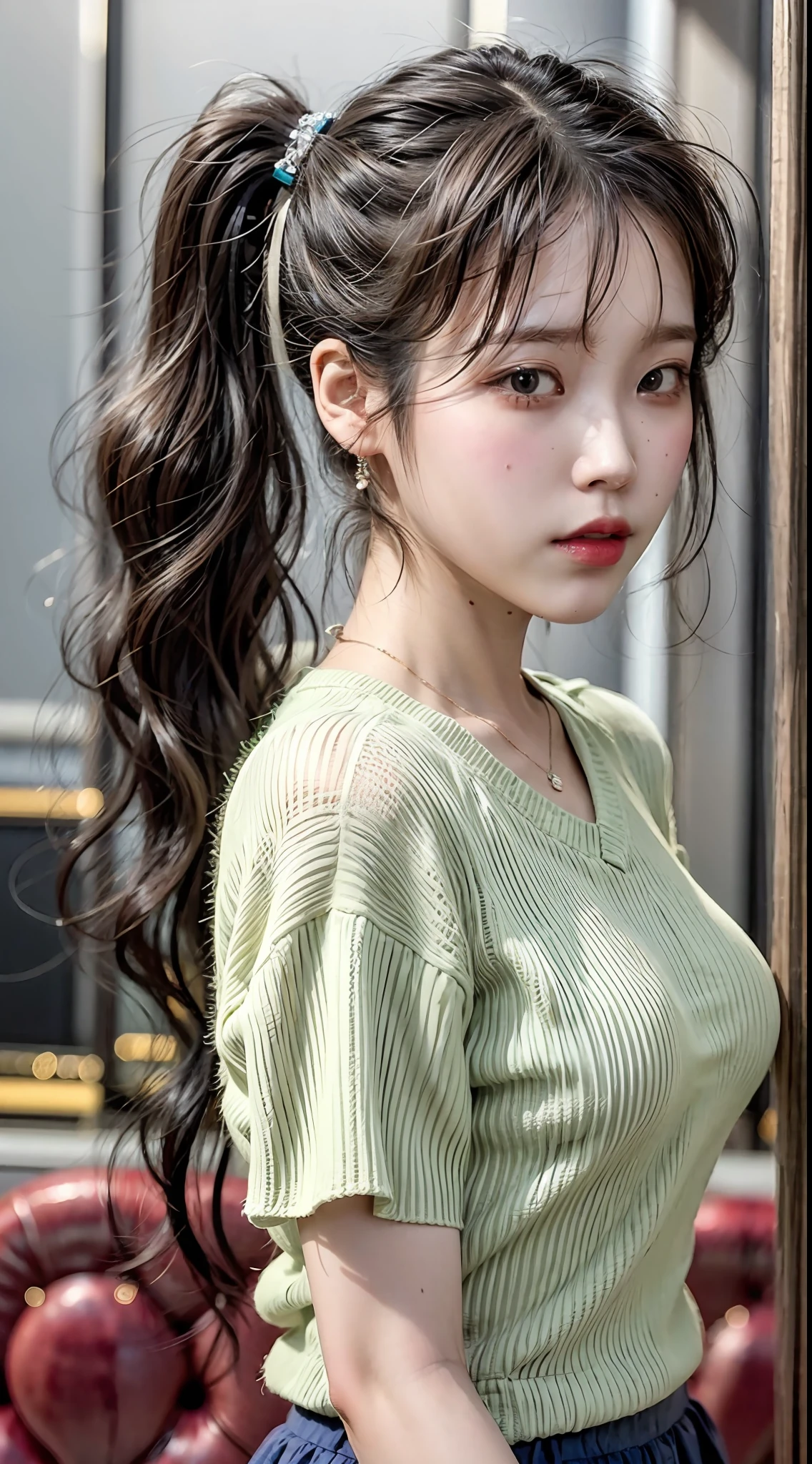 IU， Kizi， 独奏， little breast， （brunette color hair），pony tails，T-shirt skirt  （looking at the camera in）， tmasterpiece， best qualtiy， （photograph realistic：1.2）