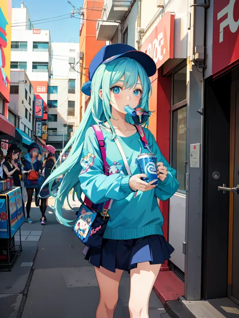 Anime girl drinking soda in blue hat, anime girls drink Energy drink, Guviz-style artwork, By Yuumei, Guviz, style of anime4 K, Digital anime illustration, Anime style. 8K, soda themed girl, Detailed digital anime art, anime styled digital art, Anime style...