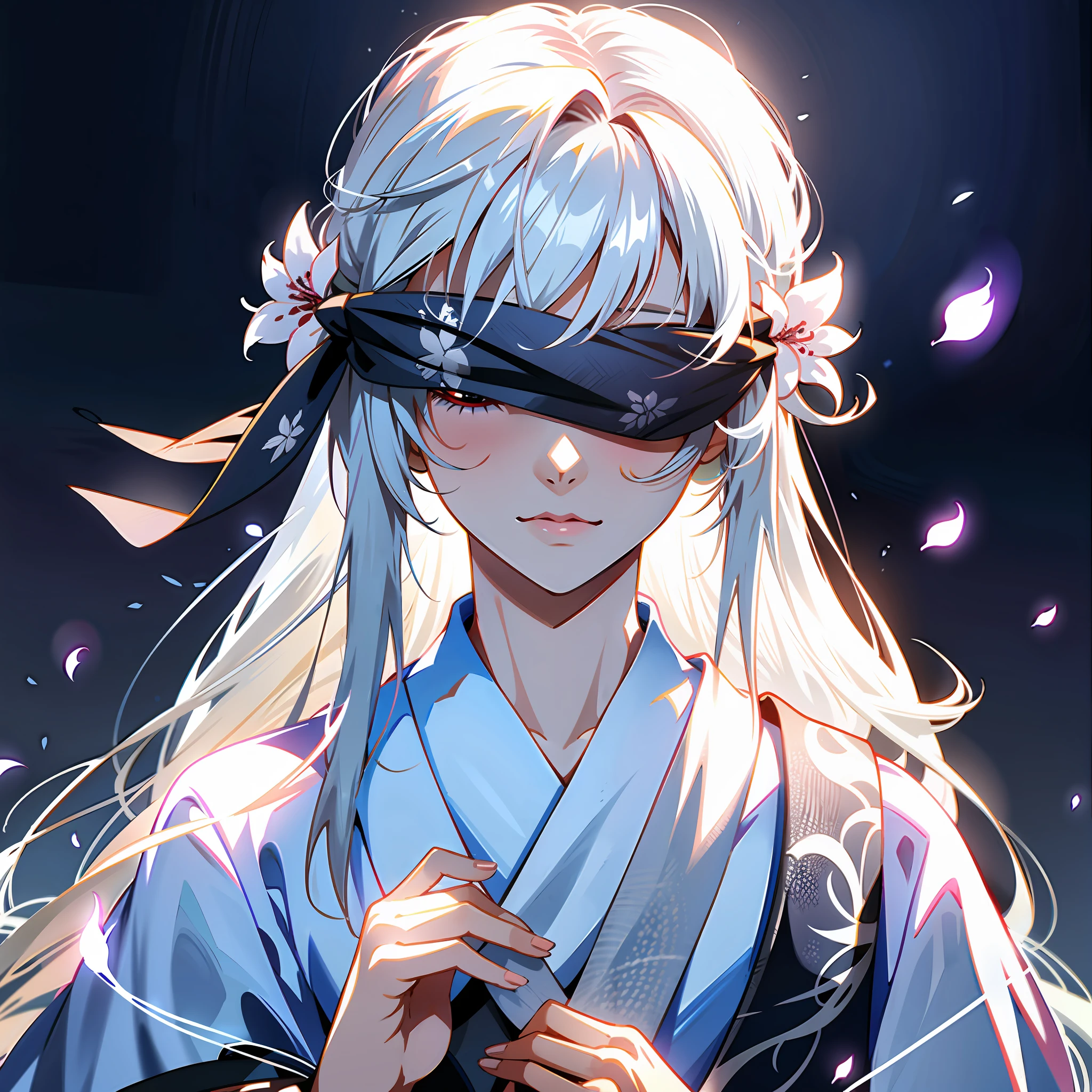 8K，best qualtiy，tmasterpiece，超高分辨率，Epic and beautiful character art，Stunning character art，A woman wears a black ribbon to cover her eyes，Gray hair，Anime girl with flowers in her hair, Gray background，It is a detailed Onmyoji style art，Whitening of the face，frostbite，Silk robes，Very beautiful girl，The blind freedom of a few，style of anime4 K, Anime wallpaper 4K,  White-haired god, anime styled 3d