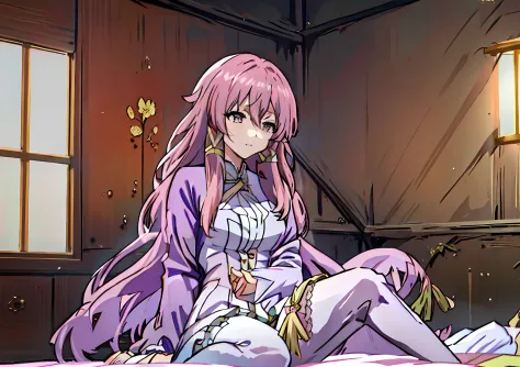 Anime girl sitting on bed，long pink hair and white dress, Ayaka Genshin impact, ethereal anime, Keqing from Genshin Impact, Gens...