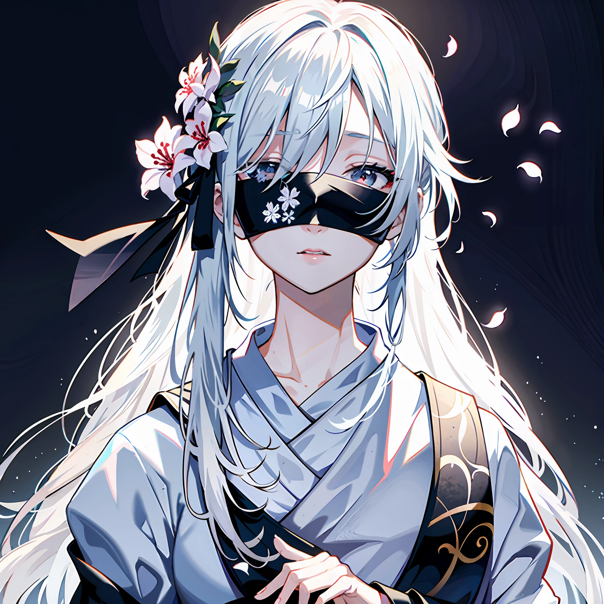 8K，best qualtiy，tmasterpiece，超高分辨率，Epic and beautiful character art，Stunning character art，A woman wears a black ribbon to cover her eyes，Gray hair，Anime girl with flowers in her hair, Gray background，It is a detailed Onmyoji style art，Whitening of the face，frostbite，Silk robes，Very beautiful girl，The blind freedom of a few，style of anime4 K, Anime wallpaper 4K,  White-haired god, anime styled 3d