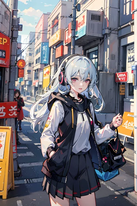 Anime girl with headphones and backpack on city streets, style of anime4 K, Best anime 4k konachan wallpaper, Anime art wallpaper 4k, Anime art wallpaper 4 K, Anime art wallpaper 8 K, Anime style. 8K, Guviz-style artwork, cyberpunk anime girl in hoodie, An...