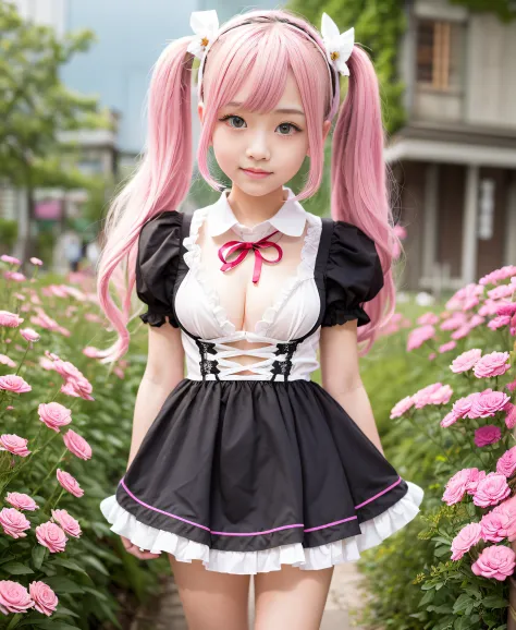 A high school girl、18 age、Kawaii face、small tits、Skirts with short ruffles、white panty、Big cute ribbon、French Maid、Pink hair、twintails、red-eyed、grassy plains、Flower garden、Bright flowers、Gentle light