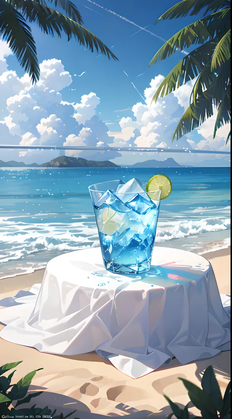 （A glass of juice 1.1)，wineglass，Blue ocean，best qualtiy，Macro photography depicts picnic scenes themed around a tropical beach vacation in summer。The protagonist of this photo is an ice cup filled with iced carbonated drinks。Lens focus glasses、the fruits、...